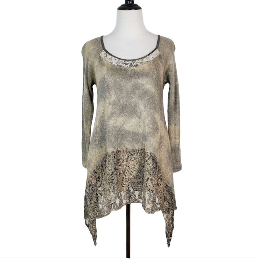 Tempo Paris Sweater Wool Blend Lace Fuzzy Tie Dye Sequins Shark Bite Boho